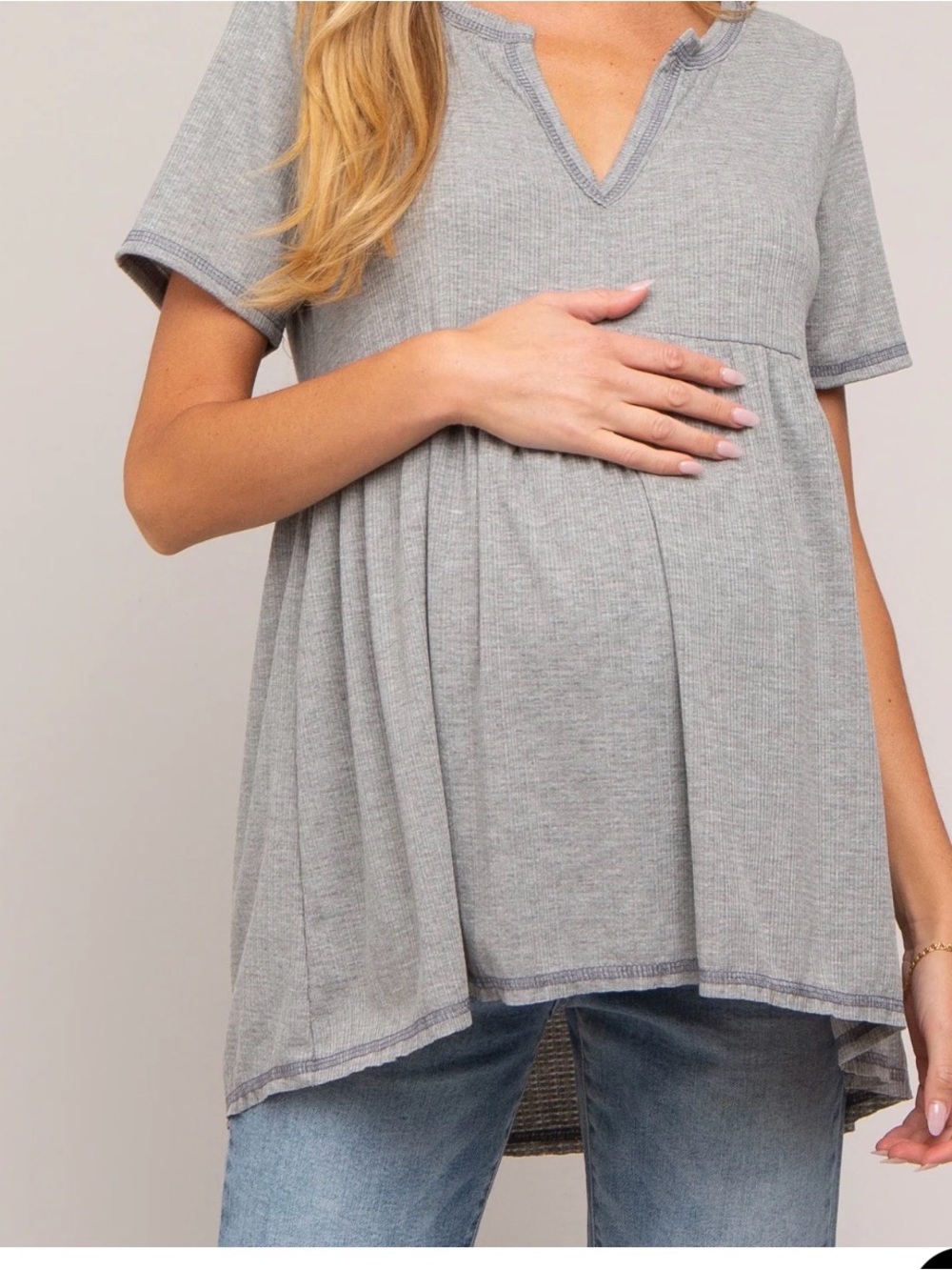 Maternity Top, First Love Heather Gray Short Sleeve Peplum Top